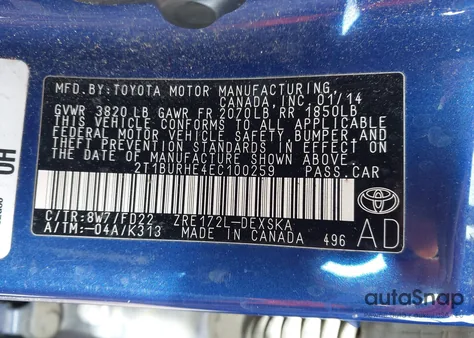 2014 Toyota Corolla S Plus z USA, uszkodzony, nr VIN 2T1BURHE4EC100259